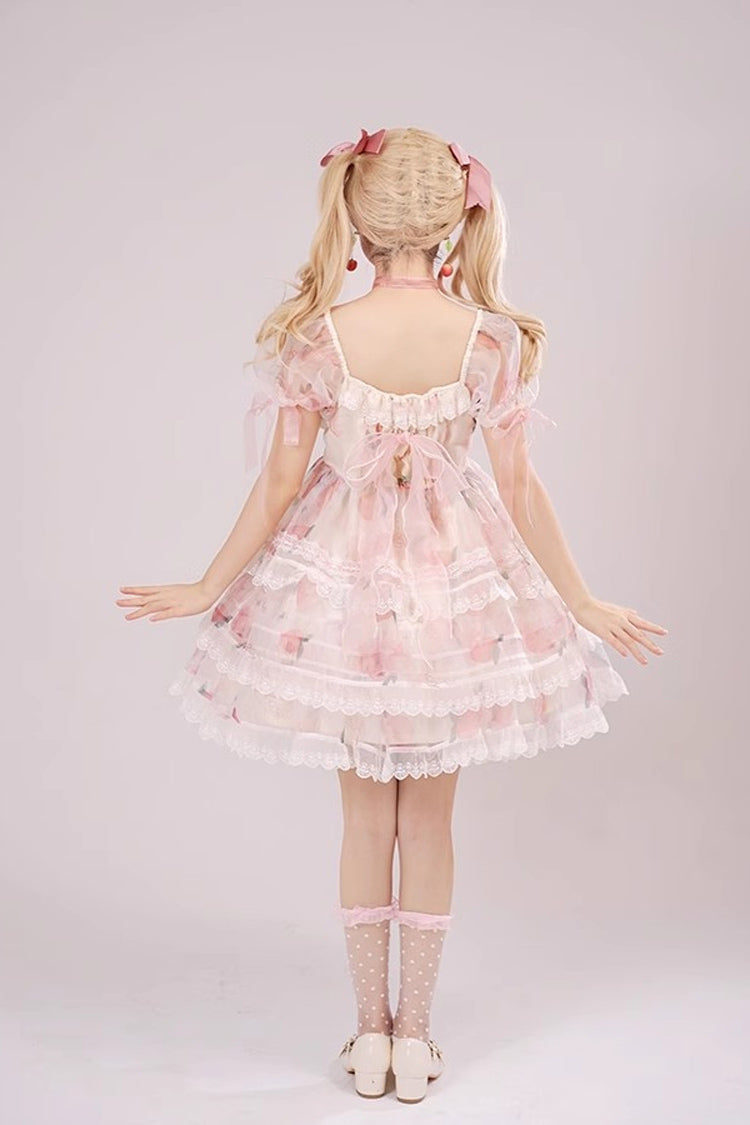 Lolita JSK Dress - Chiffon Organza, Pink, Printed, Sweet Style, Bow Detail - additional product view 2