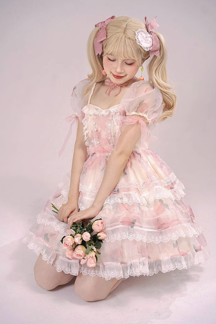 Lolita JSK Dress - Chiffon Organza, Pink, Printed, Sweet Style, Bow Detail - additional product view 3