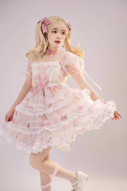 Lolita JSK Dress - Chiffon Organza, Pink, Printed, Sweet Style, Bow Detail - additional product view 4