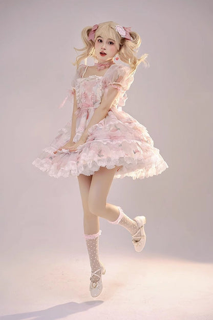Lolita JSK Dress - Chiffon Organza, Pink, Printed, Sweet Style, Bow Detail - additional product view 5