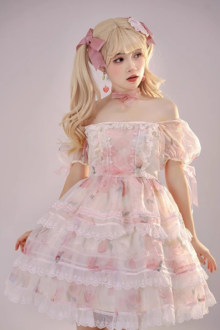 Lolita JSK Dress - Chiffon Organza, Pink, Printed, Sweet Style, Bow Detail - additional product view 6