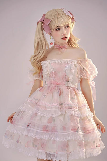 Lolita JSK Dress - Chiffon Organza, Pink, Printed, Sweet Style, Bow Detail - additional product view 6