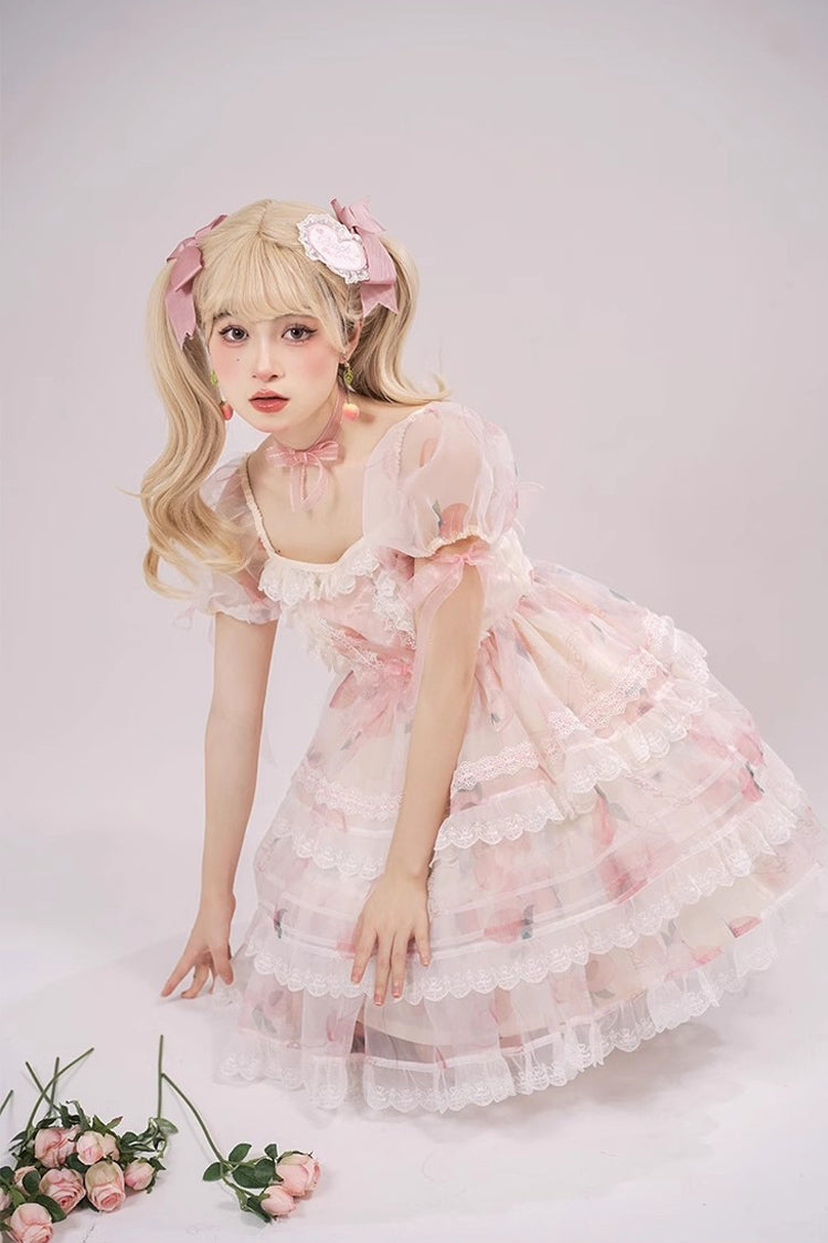Lolita JSK Dress - Chiffon Organza, Pink, Printed, Sweet Style, Bow Detail - additional product view 7