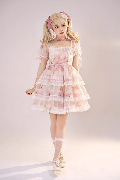 Lolita JSK Dress - Chiffon Organza, Pink, Printed, Sweet Style, Bow Detail - additional product view 8