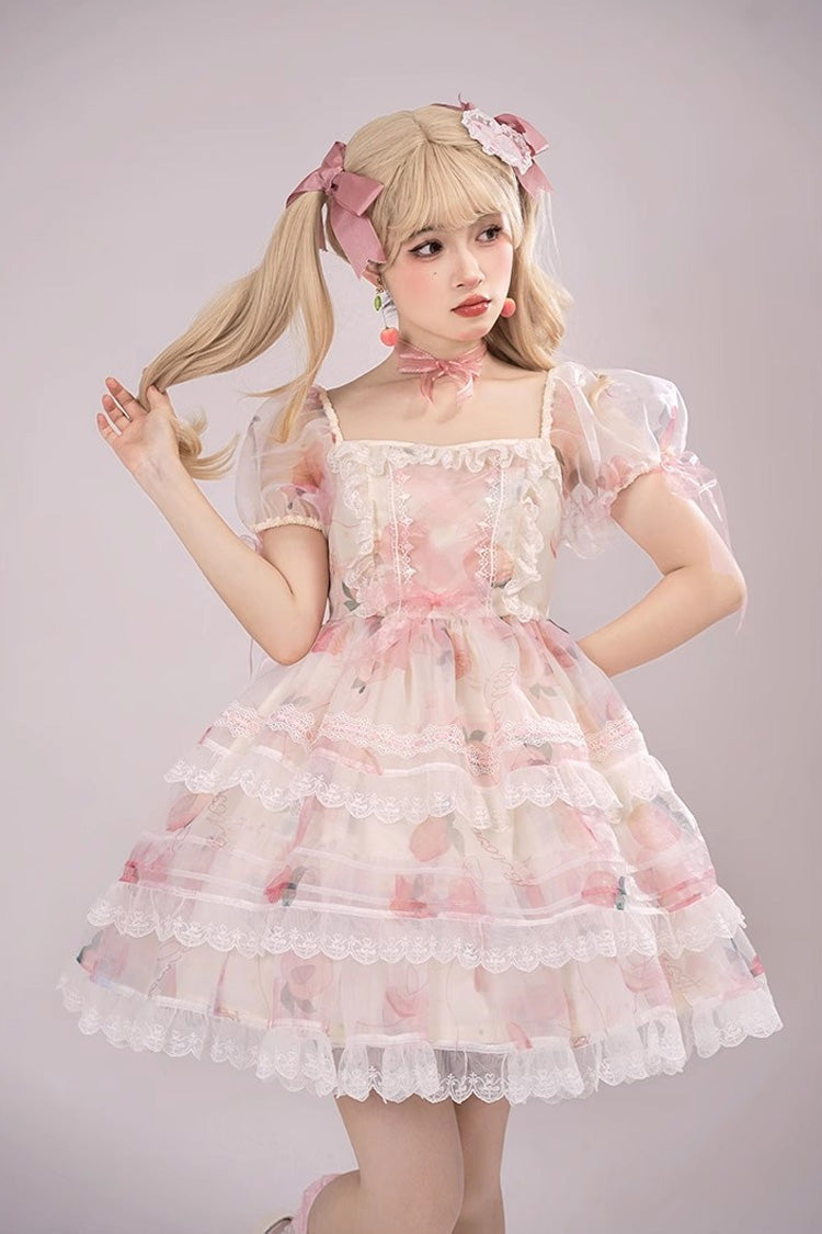 Lolita JSK Dress - Chiffon Organza, Pink, Printed, Sweet Style, Bow Detail - main product image