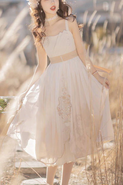 Lolita JSK Dress - Chinese Style Bronzing Flower, White, Embroidered, Sweet Style - main product image