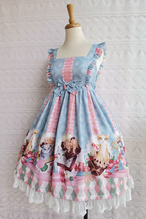 Lolita JSK Dress - Chocolate Cat Print, 3 Colors, High Waist, Ruffled, Printed - additional product view 3