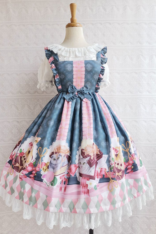Lolita JSK Dress - Chocolate Cat Print, 3 Colors, High Waist, Ruffled, Printed - additional product view 4