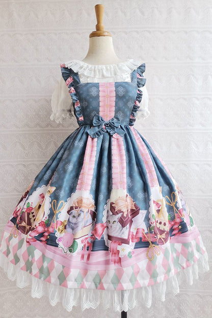 Lolita JSK Dress - Chocolate Cat Print, 3 Colors, High Waist, Ruffled, Printed - additional product view 4