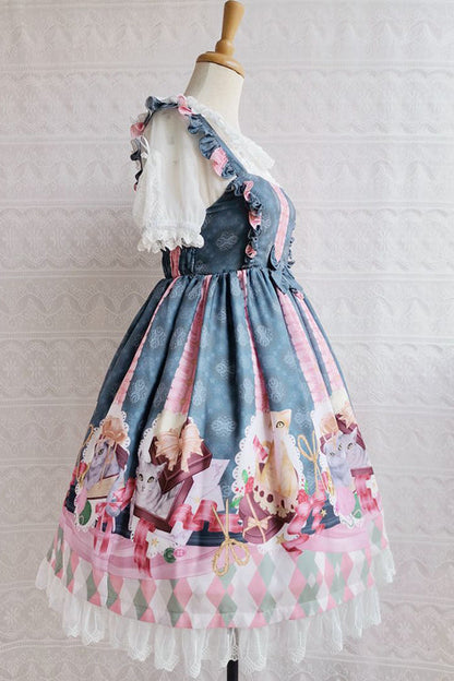 Lolita JSK Dress - Chocolate Cat Print, 3 Colors, High Waist, Ruffled, Printed - additional product view 6