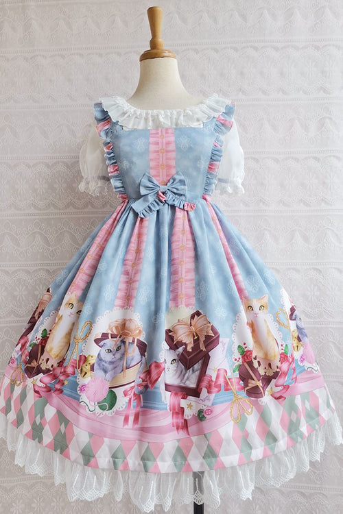 Lolita JSK Dress - Chocolate Cat Print, 3 Colors, High Waist, Ruffled, Printed - main product image
