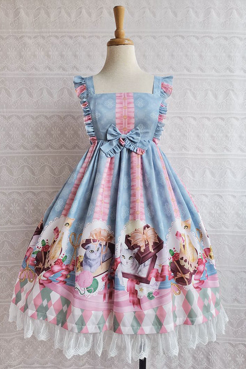 Lolita JSK Dress - Chocolate Cat Print, 3 Colors, High Waist, Ruffled, Printed - XS Blue / S Blue / M Blue option