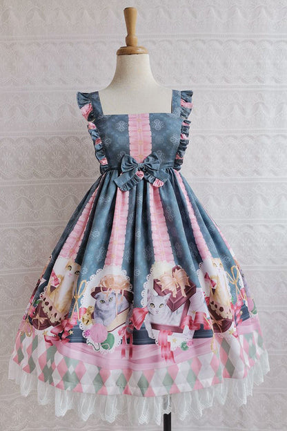 Lolita JSK Dress - Chocolate Cat Print, 3 Colors, High Waist, Ruffled, Printed - XS Green / S Green / M Green option