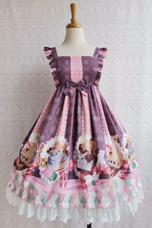 Lolita JSK Dress - Chocolate Cat Print, 3 Colors, High Waist, Ruffled, Printed - XS Purple / S Purple / M Purple option