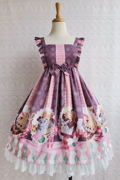 Lolita JSK Dress - Chocolate Cat Print, 3 Colors, High Waist, Ruffled, Printed - XS Purple / S Purple / M Purple option