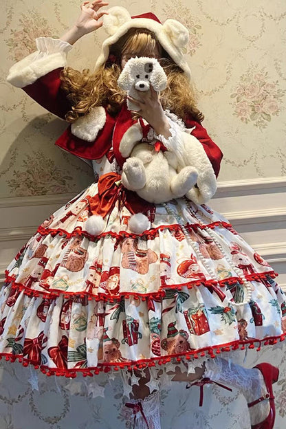 Lolita JSK Dress - Christmas Bear, 2 Colors, Bow Detail, Ruffled, Printed - additional product view 2