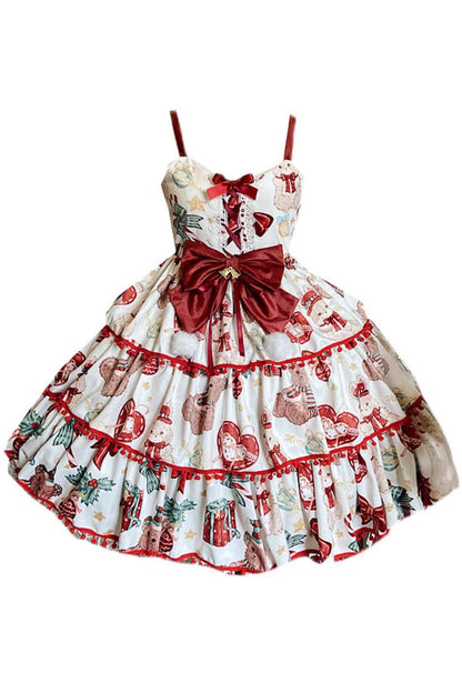 Lolita JSK Dress - Christmas Bear, 2 Colors, Bow Detail, Ruffled, Printed - additional product view 4