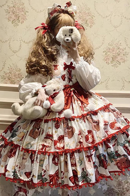 Lolita JSK Dress - Christmas Bear, 2 Colors, Bow Detail, Ruffled, Printed - main product image