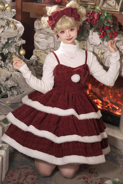 Lolita JSK Dress - Christmas Carol, Red, Bow Detail, Layered, Sweet Style - additional product view 5