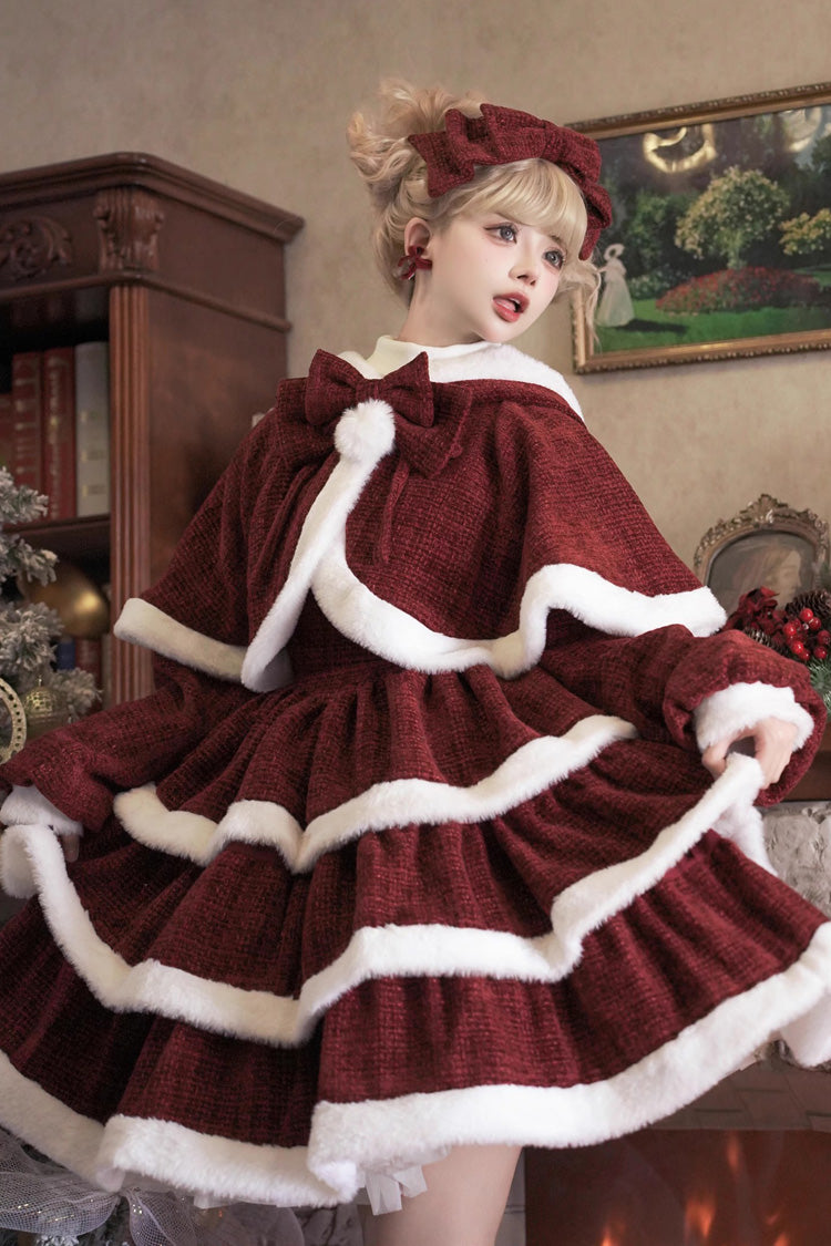 Lolita JSK Dress - Christmas Carol, Red, Bow Detail, Layered, Sweet Style - main product image
