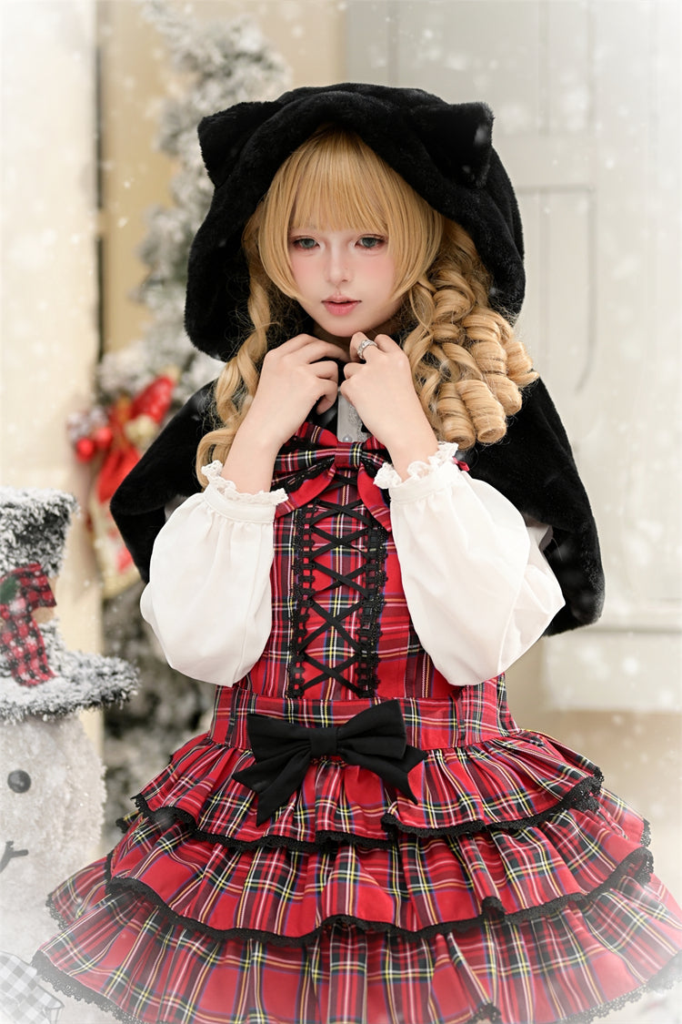 Lolita JSK Dress - Christmas Velvet Cake, Red, Bow Detail, Lace Trim, Ruffled - additional product view 4