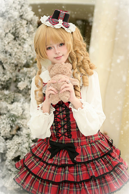 Lolita JSK Dress - Christmas Velvet Cake, Red, Bow Detail, Lace Trim, Ruffled - additional product view 8