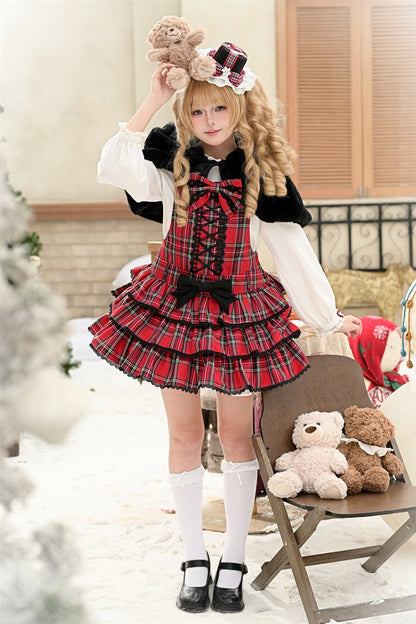 Lolita JSK Dress - Christmas Velvet Cake, Red, Bow Detail, Lace Trim, Ruffled - additional product view 9