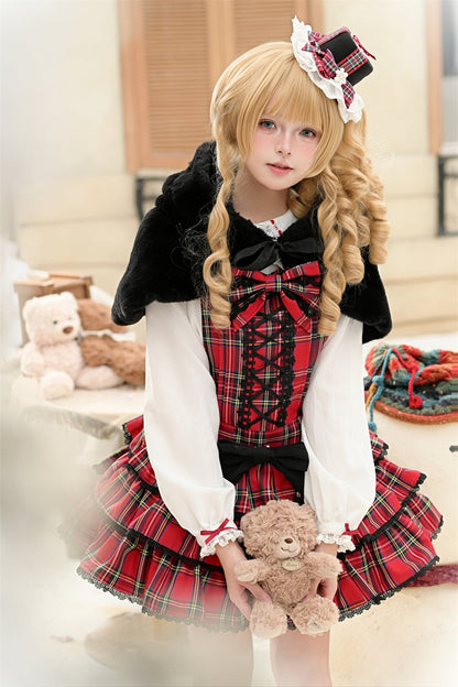 Lolita JSK Dress - Christmas Velvet Cake, Red, Bow Detail, Lace Trim, Ruffled - additional product view 12