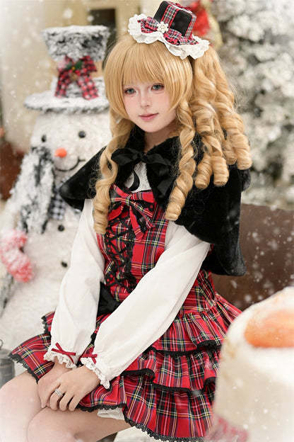 Lolita JSK Dress - Christmas Velvet Cake, Red, Bow Detail, Lace Trim, Ruffled - additional product view 18