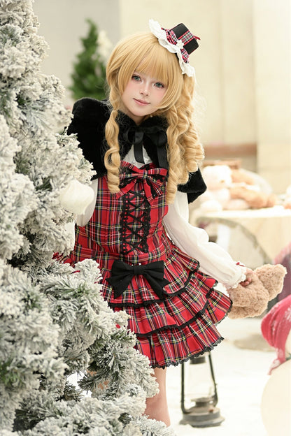 Lolita JSK Dress - Christmas Velvet Cake, Red, Bow Detail, Lace Trim, Ruffled - additional product view 19