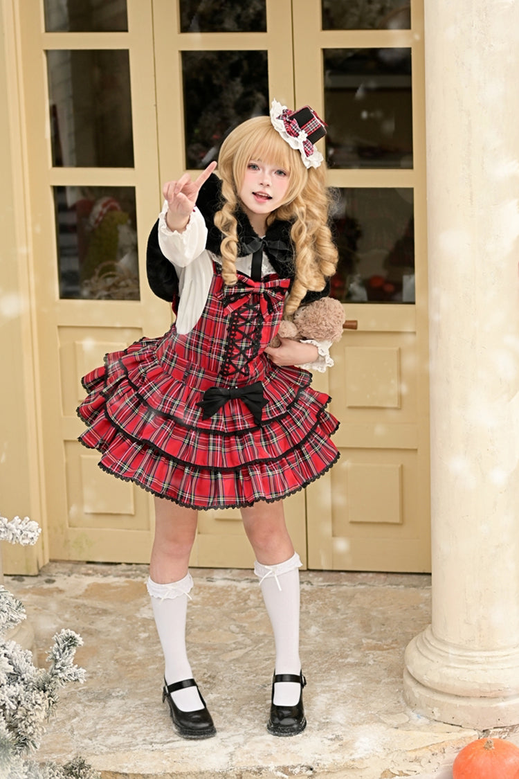 Lolita JSK Dress - Christmas Velvet Cake, Red, Bow Detail, Lace Trim, Ruffled - additional product view 20