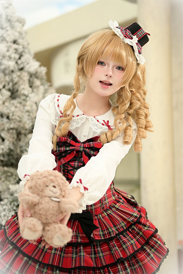 Lolita JSK Dress - Christmas Velvet Cake, Red, Bow Detail, Lace Trim, Ruffled - additional product view 22