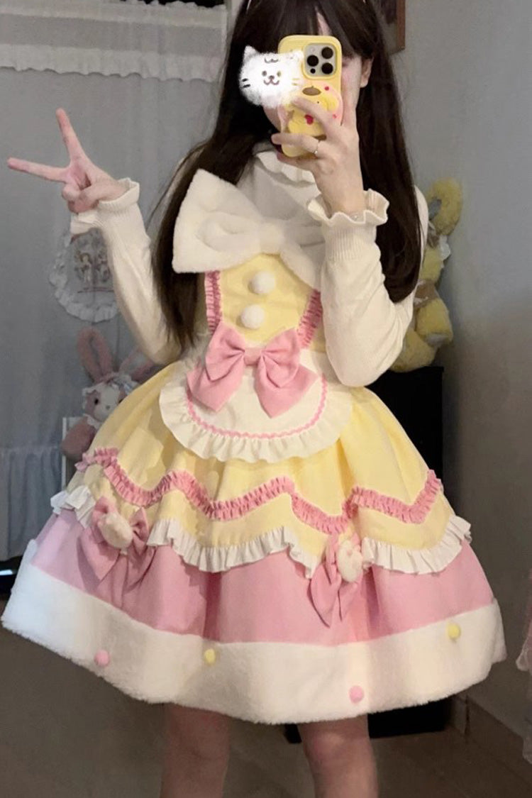 Lolita JSK Dress - Cream Snow Cat, 3 Colors, Sweet Style, Bow Detail, Ruffled - S Yellow/Pink / M Yellow/Pink / L Yellow/Pink option
