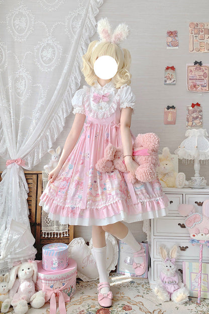 Lolita JSK Dress - Cute Cat Print High, Pink, High Waist, Sweet Style, Bow Detail - additional product view 2
