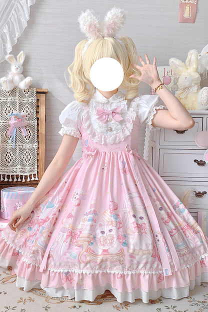 Lolita JSK Dress - Cute Cat Print High, Pink, High Waist, Sweet Style, Bow Detail - additional product view 7