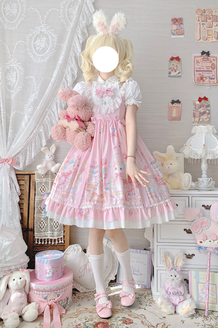Lolita JSK Dress - Cute Cat Print High, Pink, High Waist, Sweet Style, Bow Detail - main product image