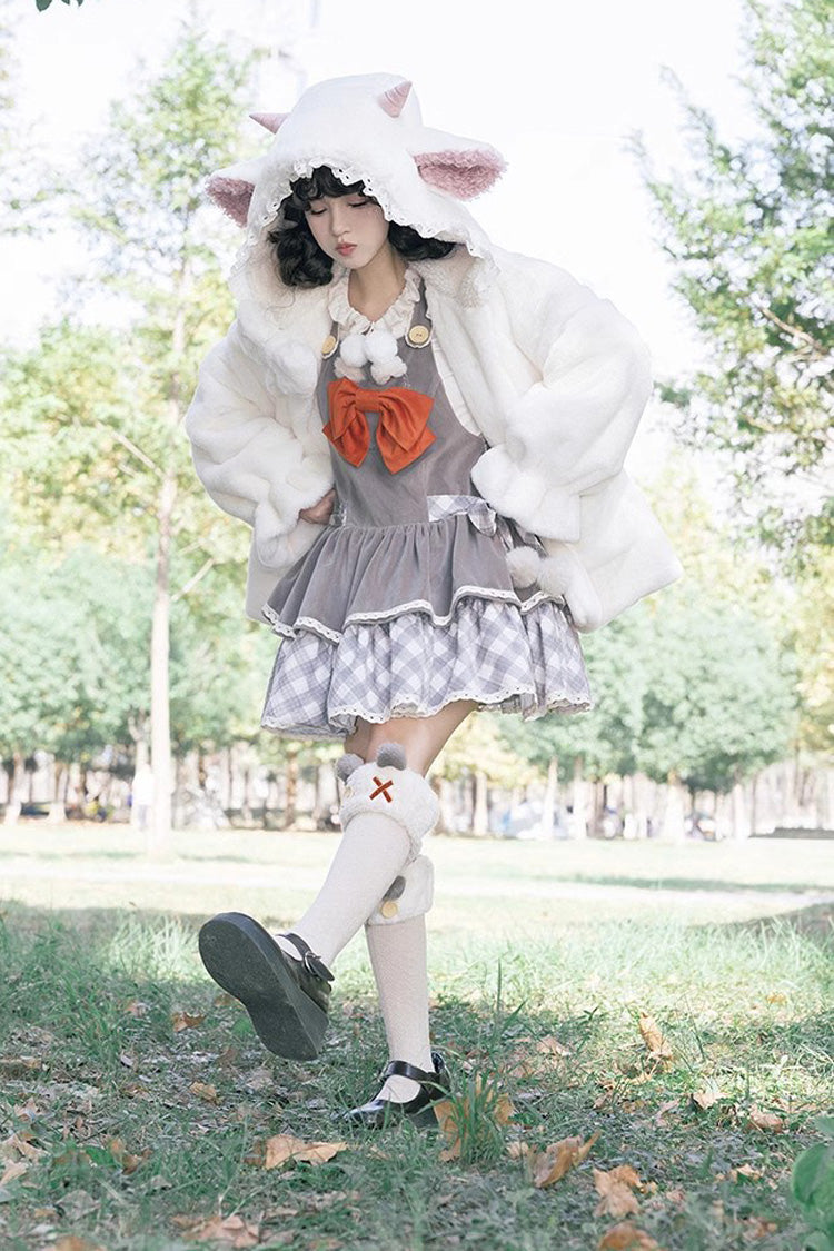 Lolita JSK Dress - Cute Grizzly Bear Plaid, Gray, Plaid, Bow Detail, Printed - additional product view 2