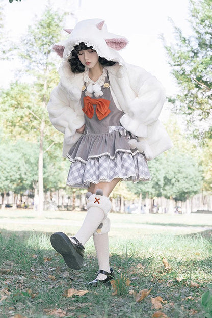 Lolita JSK Dress - Cute Grizzly Bear Plaid, Gray, Plaid, Bow Detail, Printed - additional product view 2
