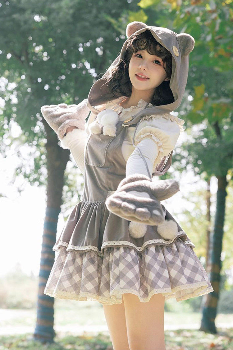 Lolita JSK Dress - Cute Grizzly Bear Plaid, Gray, Plaid, Bow Detail, Printed - additional product view 3