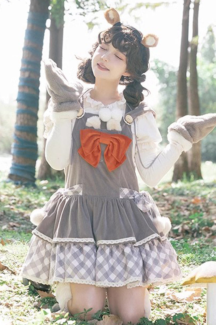 Lolita JSK Dress - Cute Grizzly Bear Plaid, Gray, Plaid, Bow Detail, Printed - additional product view 4