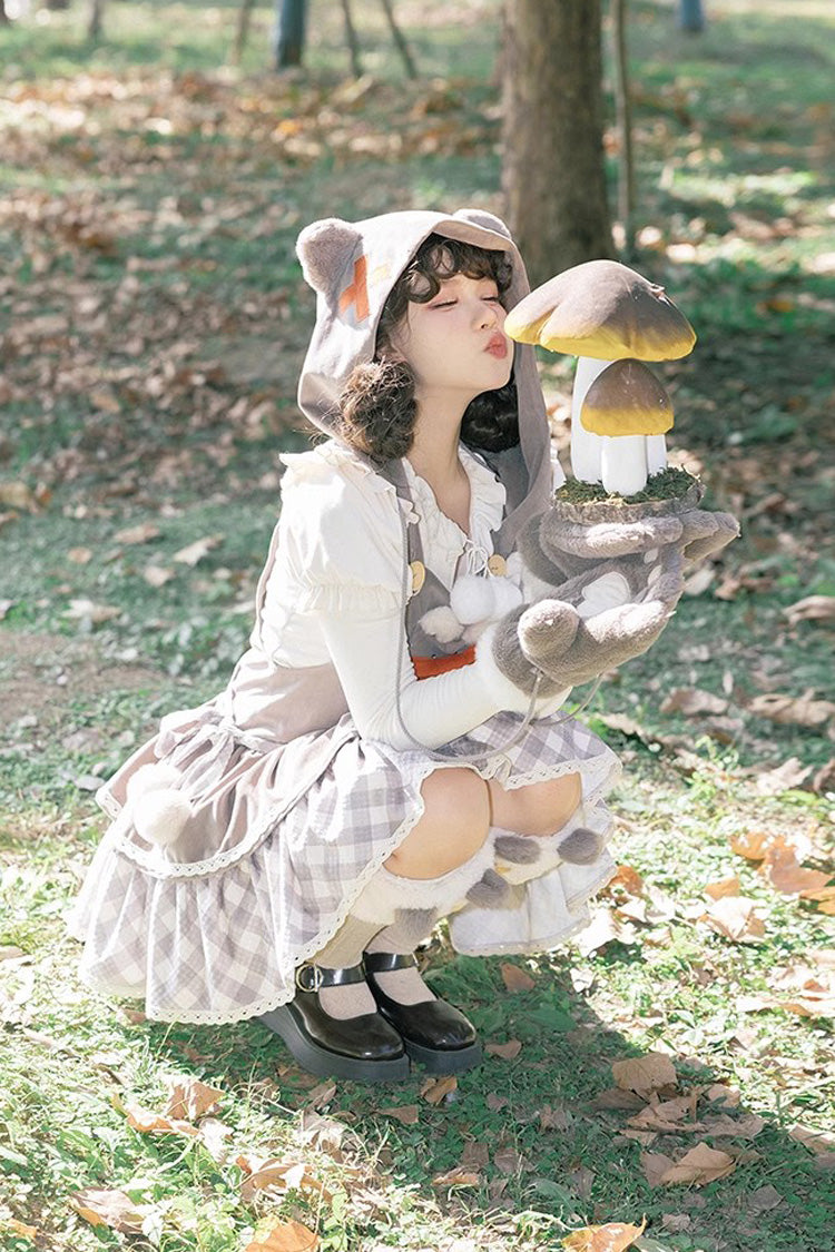 Lolita JSK Dress - Cute Grizzly Bear Plaid, Gray, Plaid, Bow Detail, Printed - additional product view 5