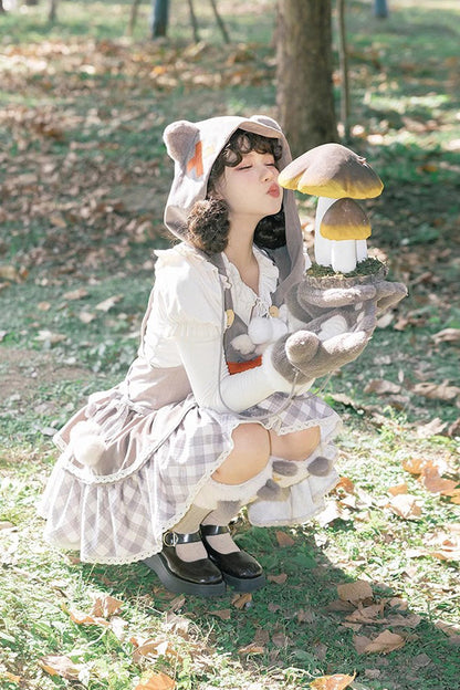 Lolita JSK Dress - Cute Grizzly Bear Plaid, Gray, Plaid, Bow Detail, Printed - additional product view 5