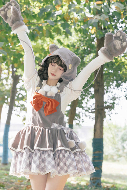 Lolita JSK Dress - Cute Grizzly Bear Plaid, Gray, Plaid, Bow Detail, Printed - additional product view 6