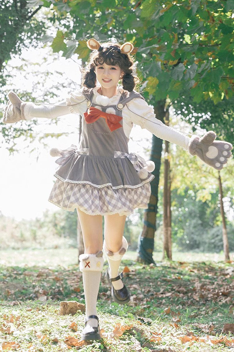 Lolita JSK Dress - Cute Grizzly Bear Plaid, Gray, Plaid, Bow Detail, Printed - additional product view 7