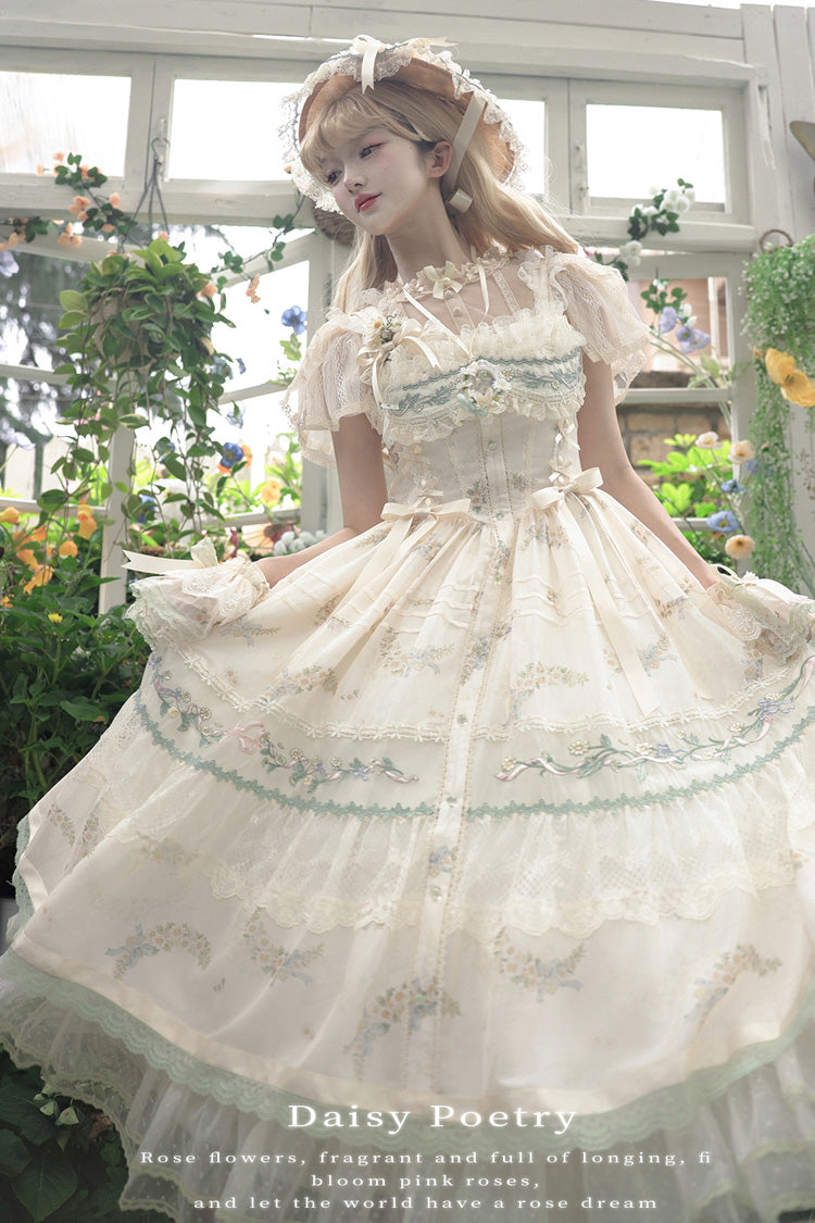 Lolita JSK Dress - Daisy Poetry, Multi-Color, Ruffled, Printed, Embroidered - additional product view 5