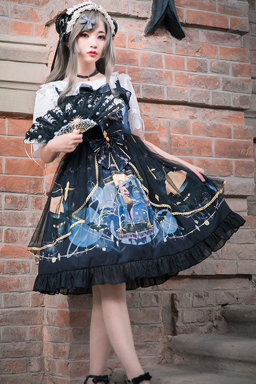 Lolita JSK Dress - Dark Blue Vintage Mermaid Song, Blue, Square Collar, Bow Detail - additional product view 2
