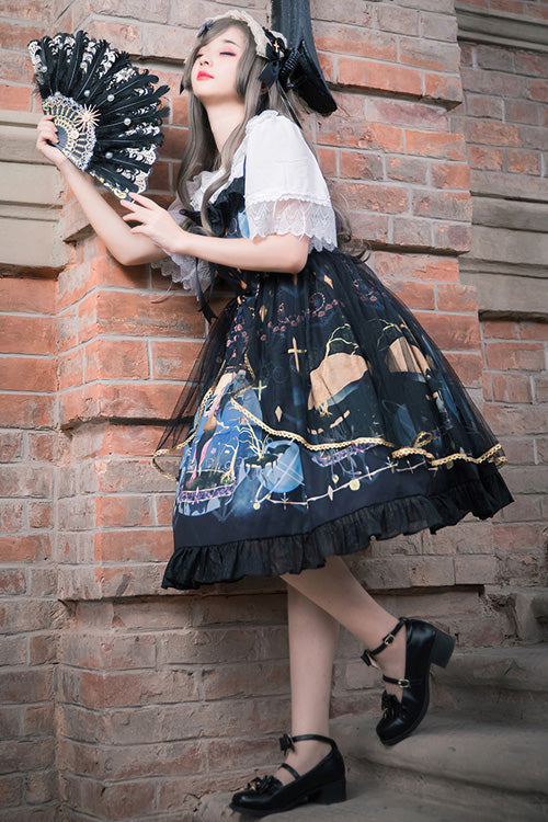 Lolita JSK Dress - Dark Blue Vintage Mermaid Song, Blue, Square Collar, Bow Detail - additional product view 3