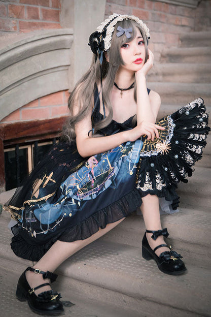 Lolita JSK Dress - Dark Blue Vintage Mermaid Song, Blue, Square Collar, Bow Detail - additional product view 4