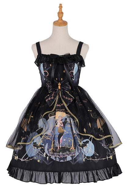 Lolita JSK Dress - Dark Blue Vintage Mermaid Song, Blue, Square Collar, Bow Detail - main product image