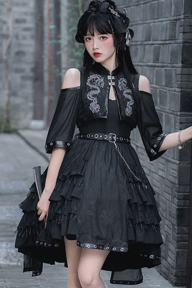 Lolita JSK Dress - Dark Boat Neck Dragon Print, Black, High Waist, Printed, Gothic Style - additional product view 2